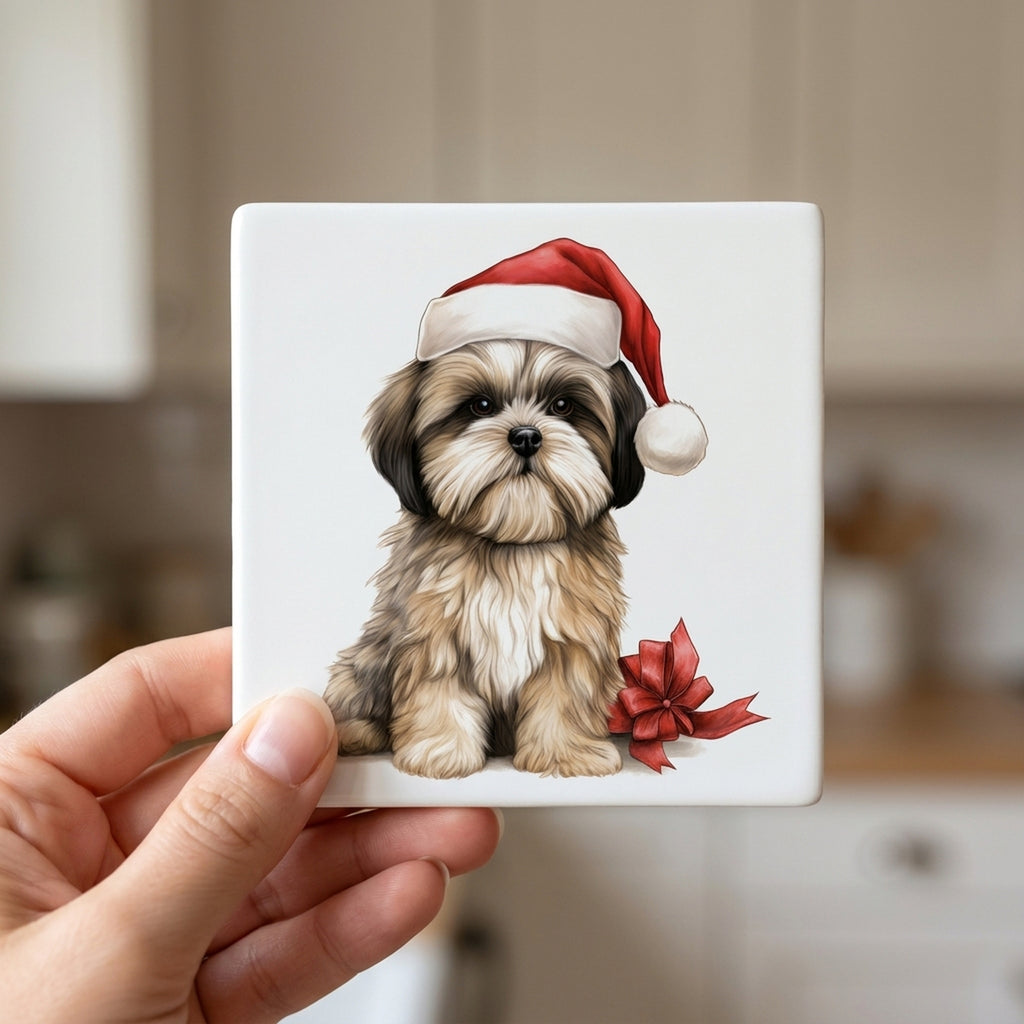 Lhasa Apso Puppy Drawing ceramic coasters set of 4, in hand