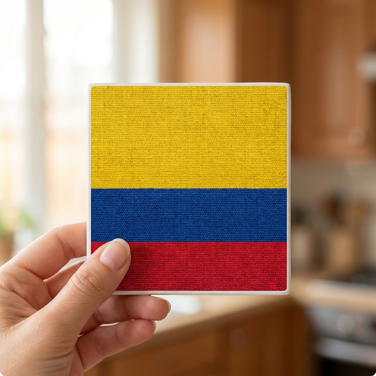 Colombia Flag Pride ceramic coasters set of 4, in hand