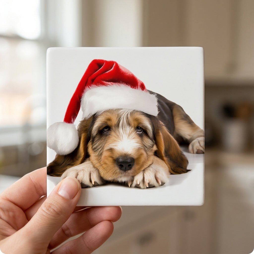 Grand Basset Griffon Vendéen Puppy ceramic coasters set of 4, in hand