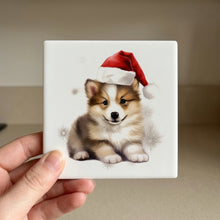 Icelandic Sheepdog Puppy Drawing ceramic coasters set of 4, in hand