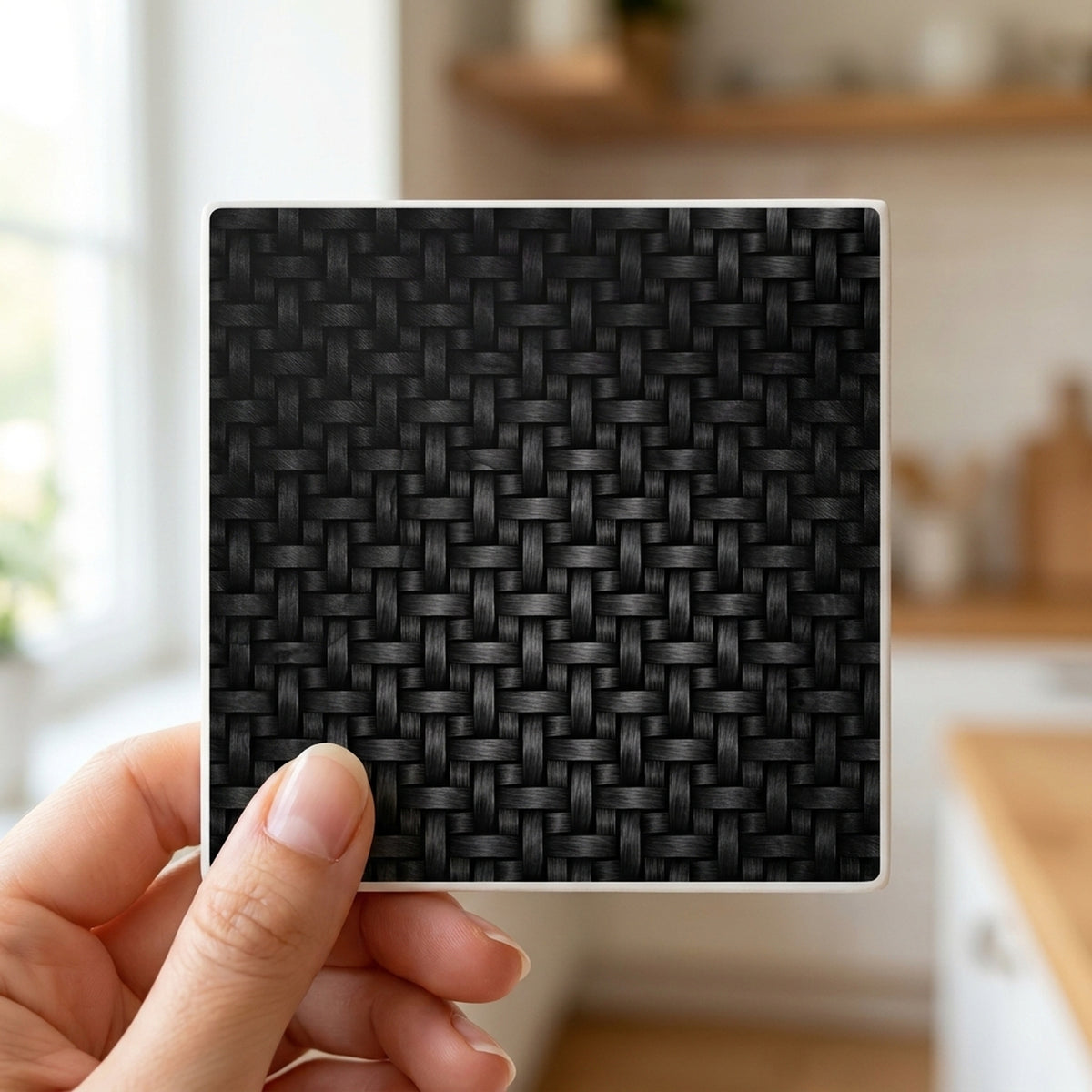Carbon Fiber ceramic coasters set of 4, in hand
