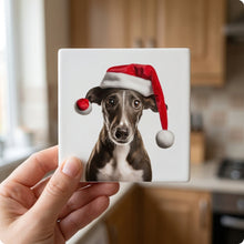 Greyhound Puppy ceramic coasters set of 4, in hand