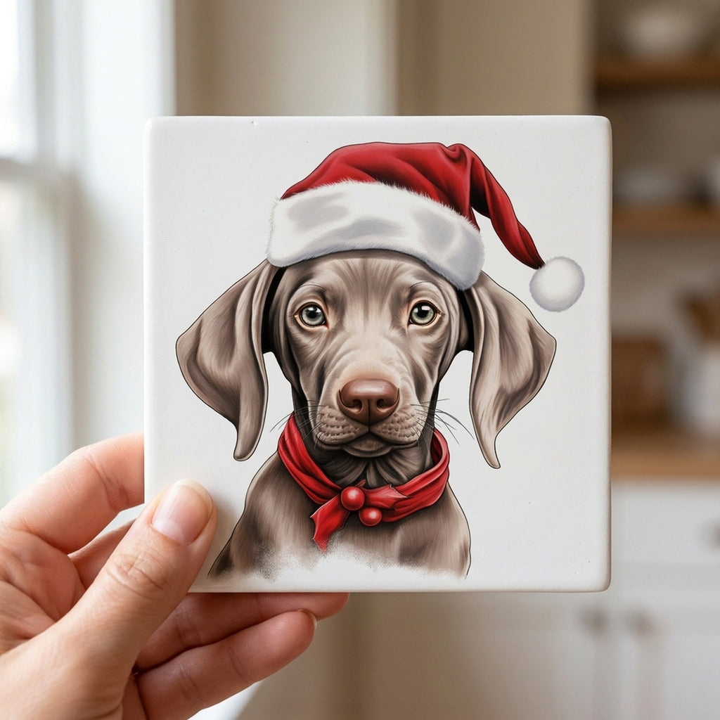 Weimaraner Puppy Drawing ceramic coasters set of 4, in hand