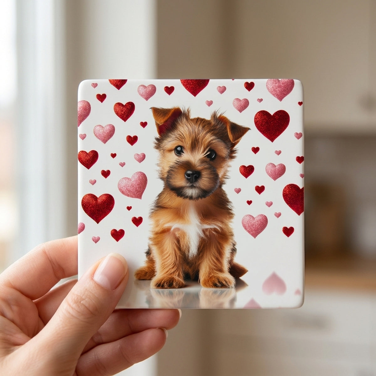 Norfolk Terrier ceramic coasters set of 4, in hand