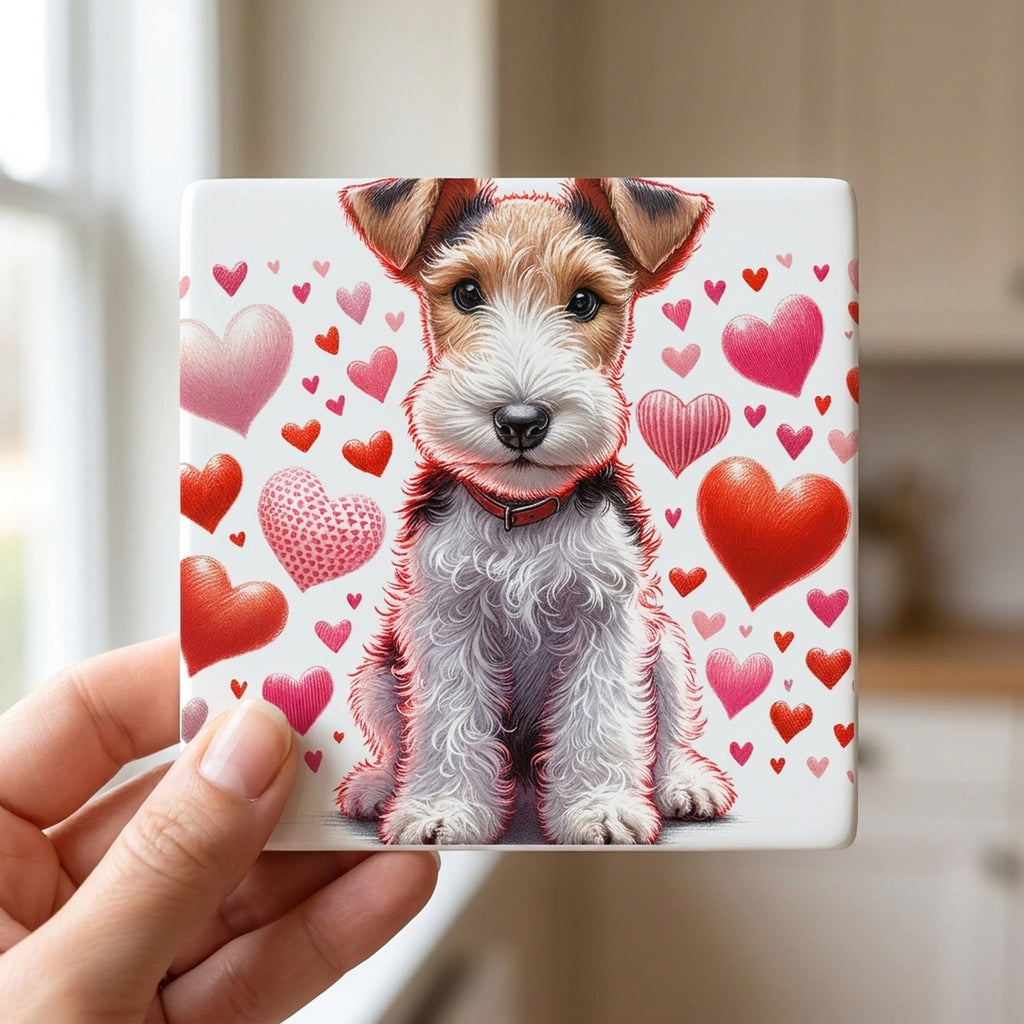 Wire Fox Terrier ceramic coasters set of 4, in hand
