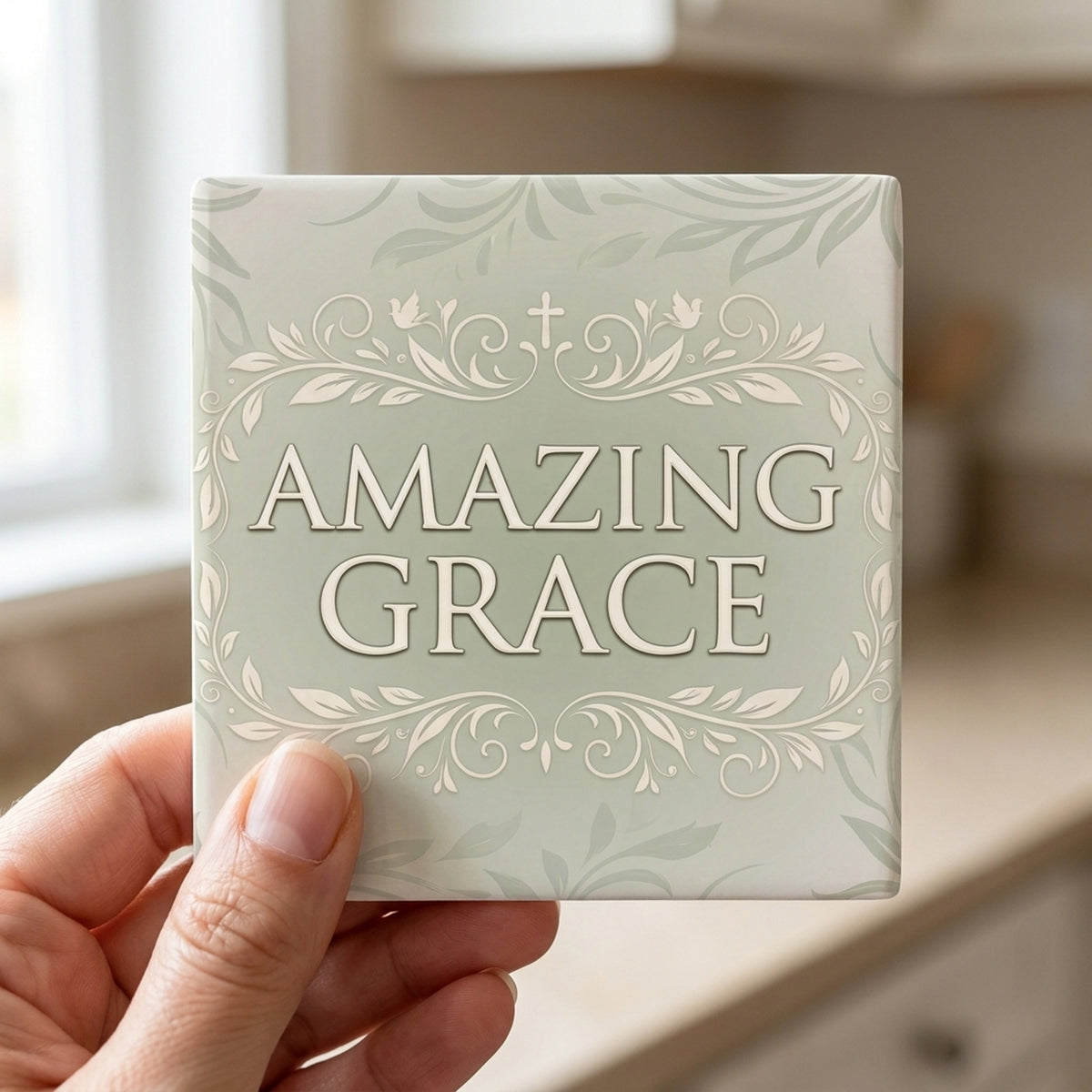 Amazing Grace ceramic coasters set of 4, in hand