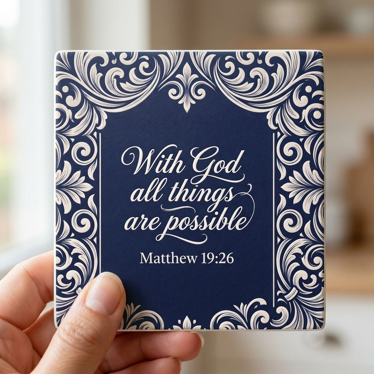 Matthew 19:26 ceramic coasters set of 4, in hand