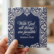 Matthew 19:26 ceramic coasters set of 4, in hand