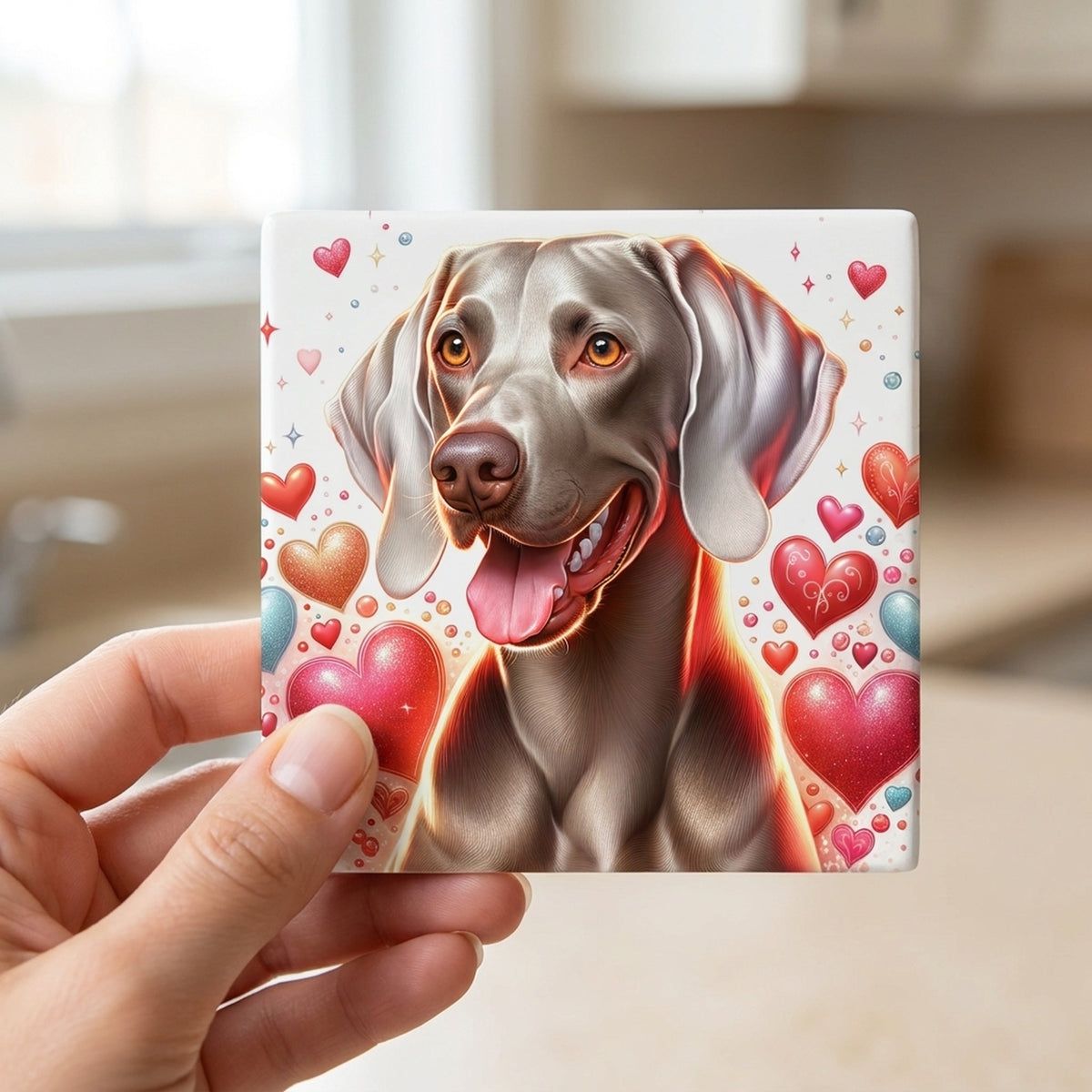 Weimaraner ceramic coasters set of 4, in hand