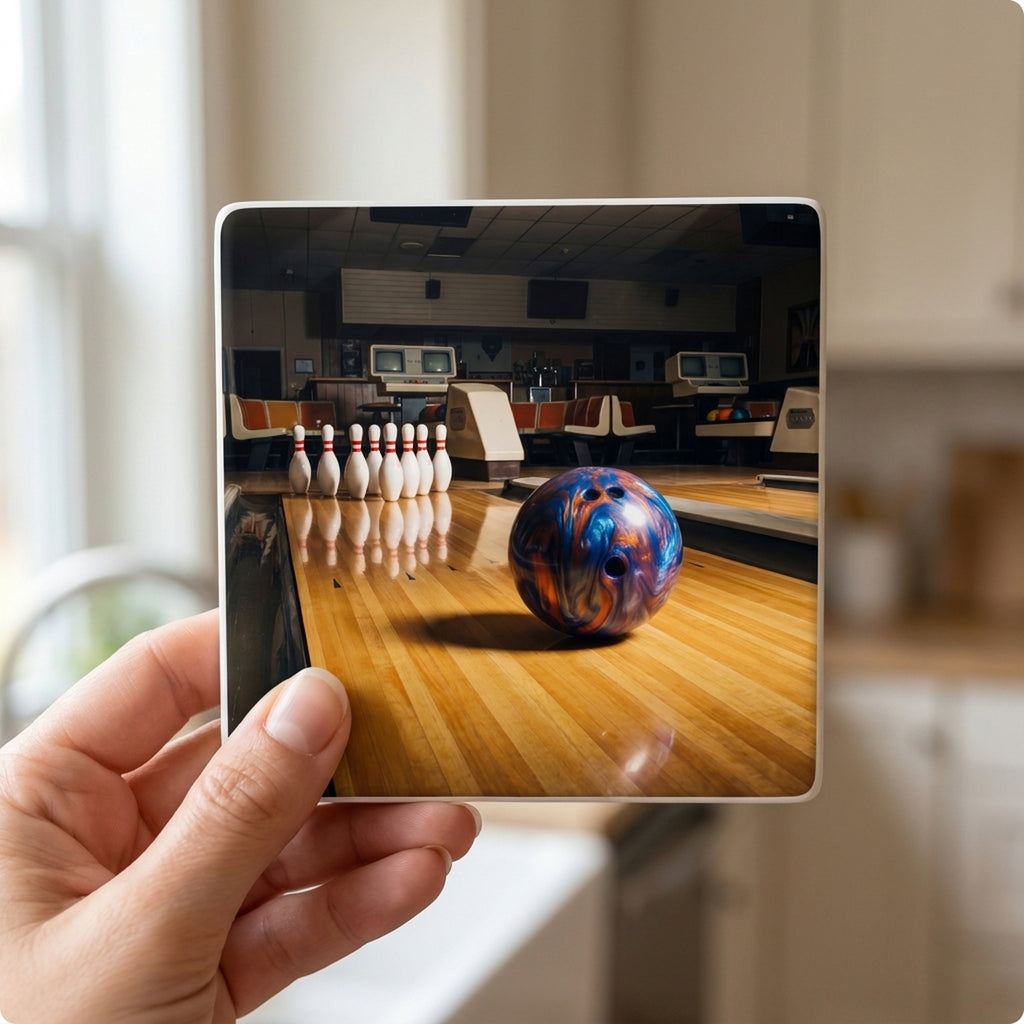 Bowling ceramic coasters set of 4, in hand