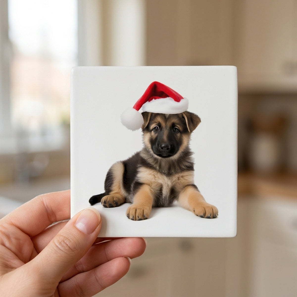 German Shepherd Dog Puppy ceramic coasters set of 4, in hand