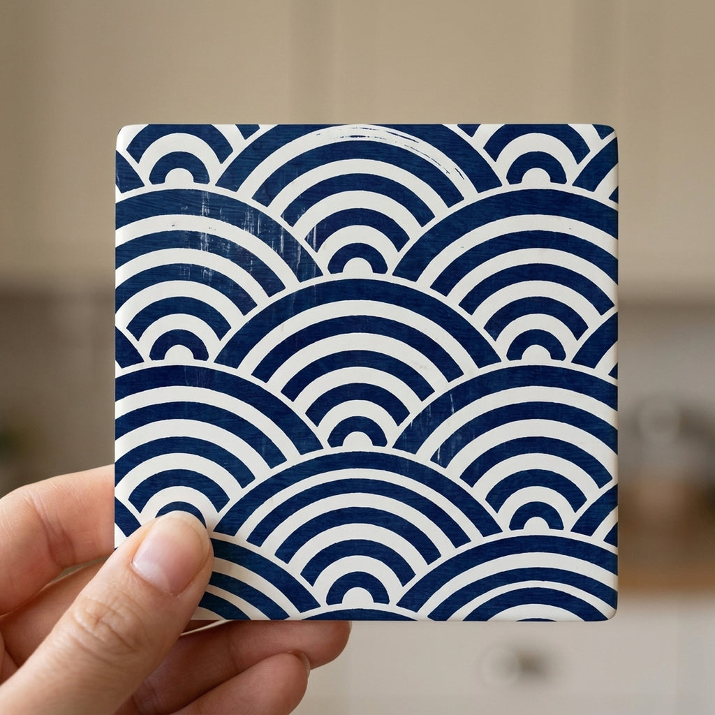Ukiyo-e Wave Pattern ceramic coasters set of 4, in hand