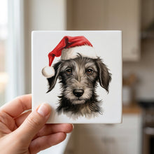 Scottish Deerhound Puppy Drawing ceramic coasters set of 4, in hand