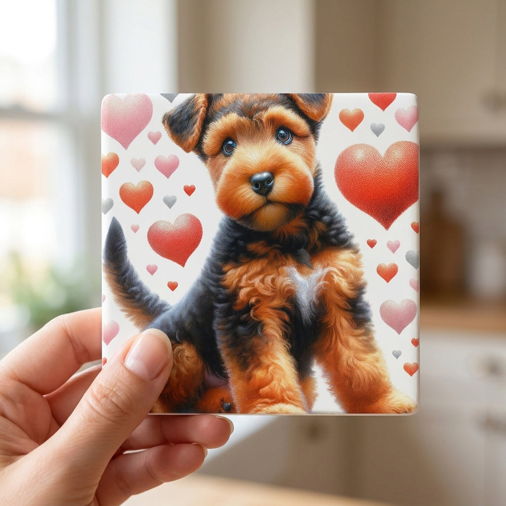 Airedale Terrier ceramic coasters set of 4, in hand