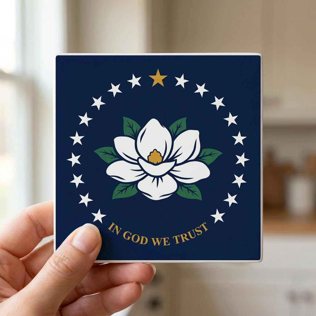 Mississippi State Flag ceramic coasters set of 4, in hand