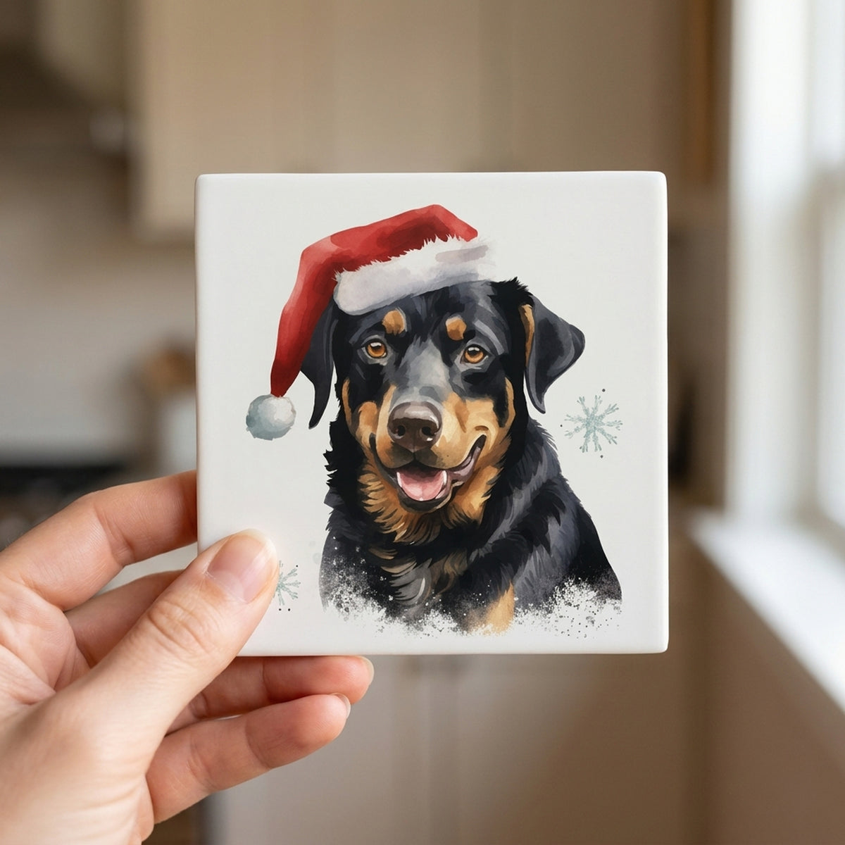 Beauceron ceramic coasters set of 4, in hand