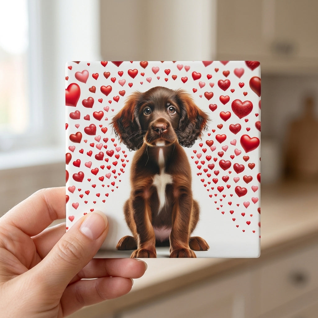 Boykin Spaniel ceramic coasters set of 4, in hand