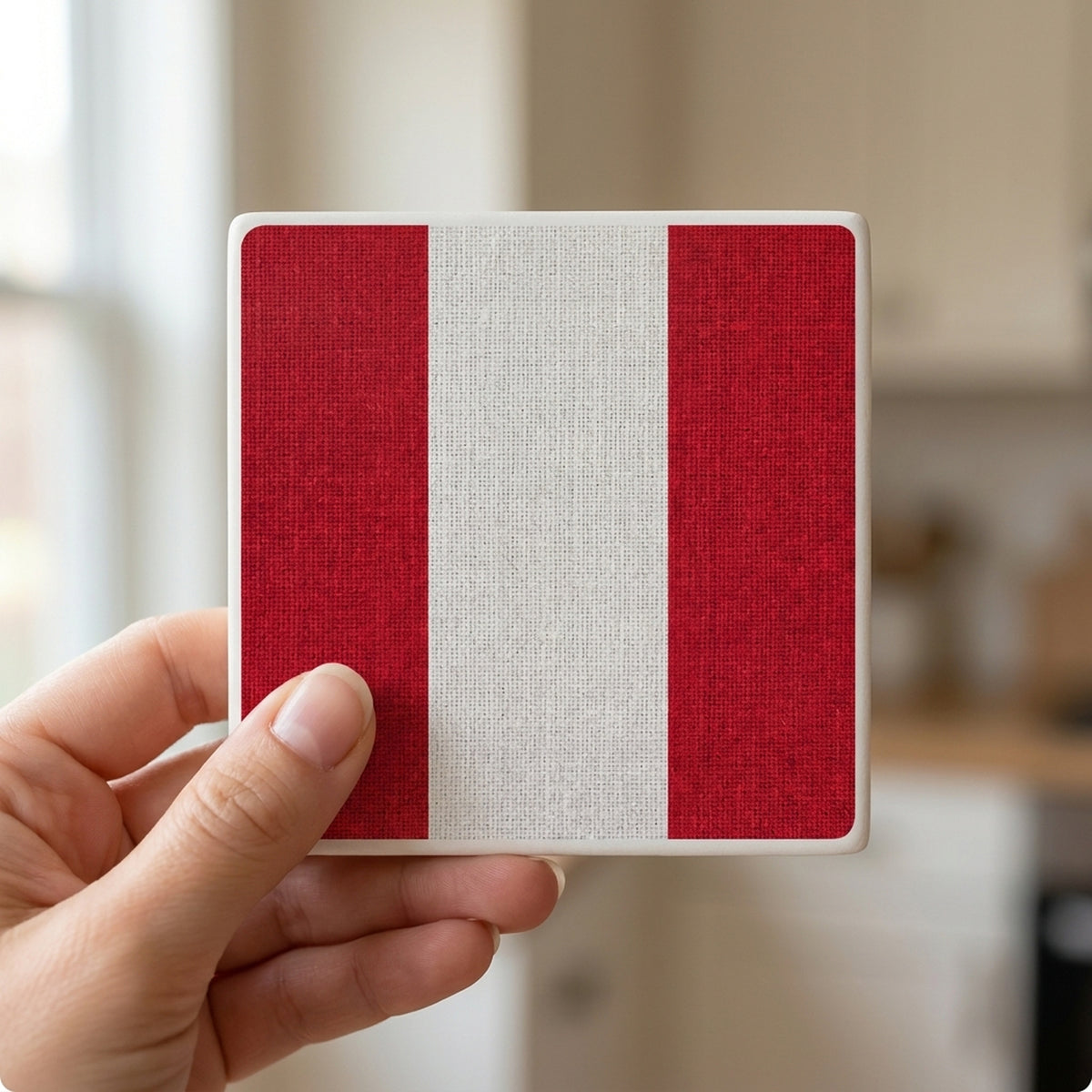 Peru Flag Pride ceramic coasters set of 4, in hand
