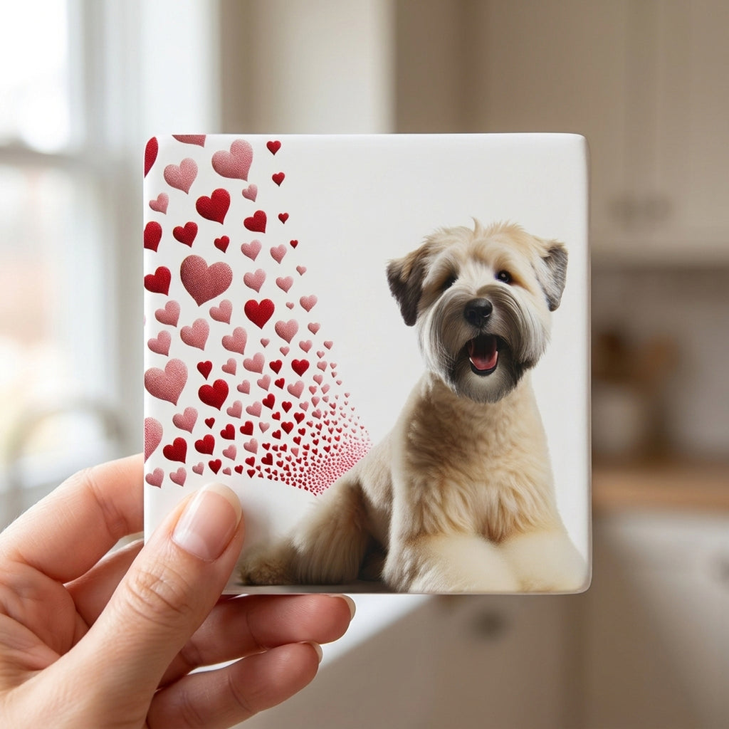 Soft Coated Wheaten Terrier ceramic coasters set of 4, in hand