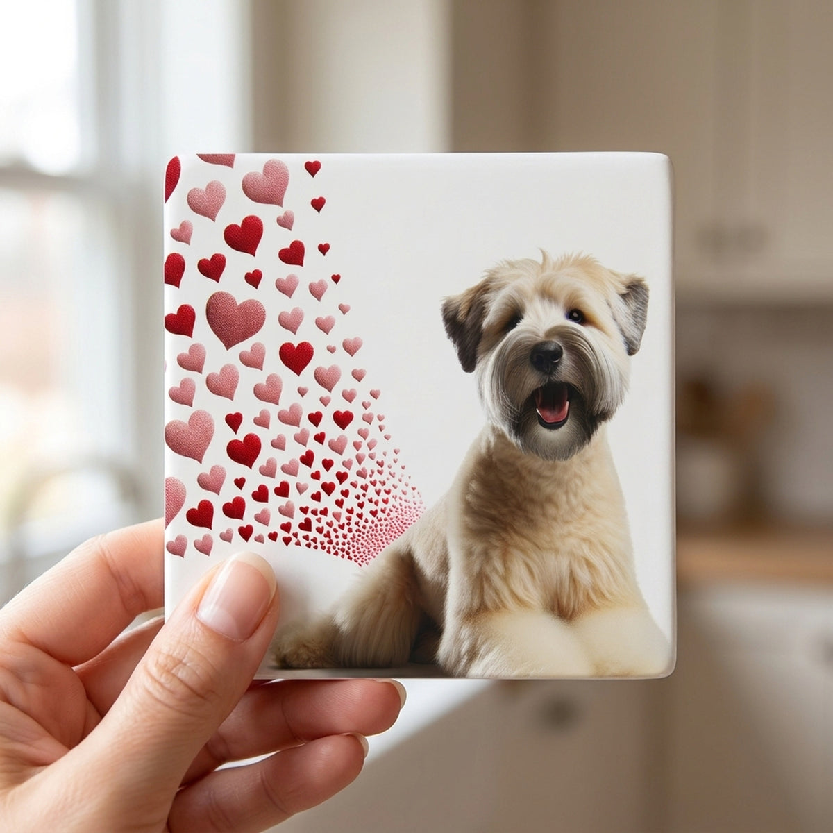 Soft Coated Wheaten Terrier ceramic coasters set of 4, in hand