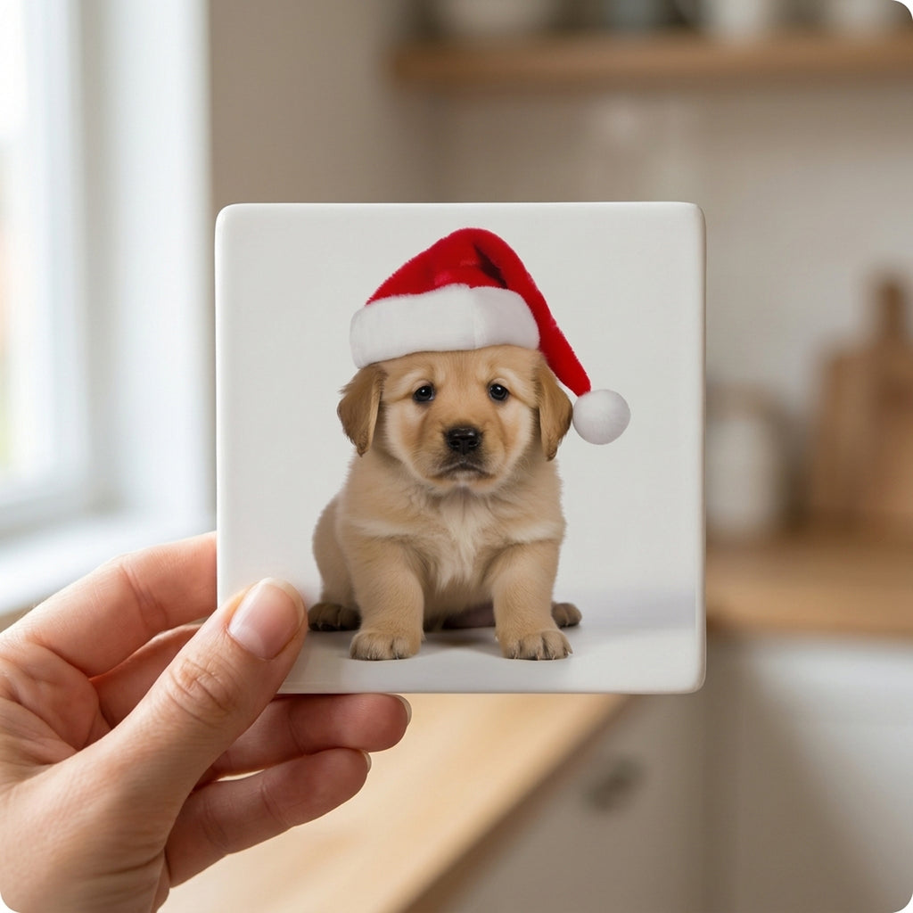 Chinook Puppy ceramic coasters set of 4, in hand