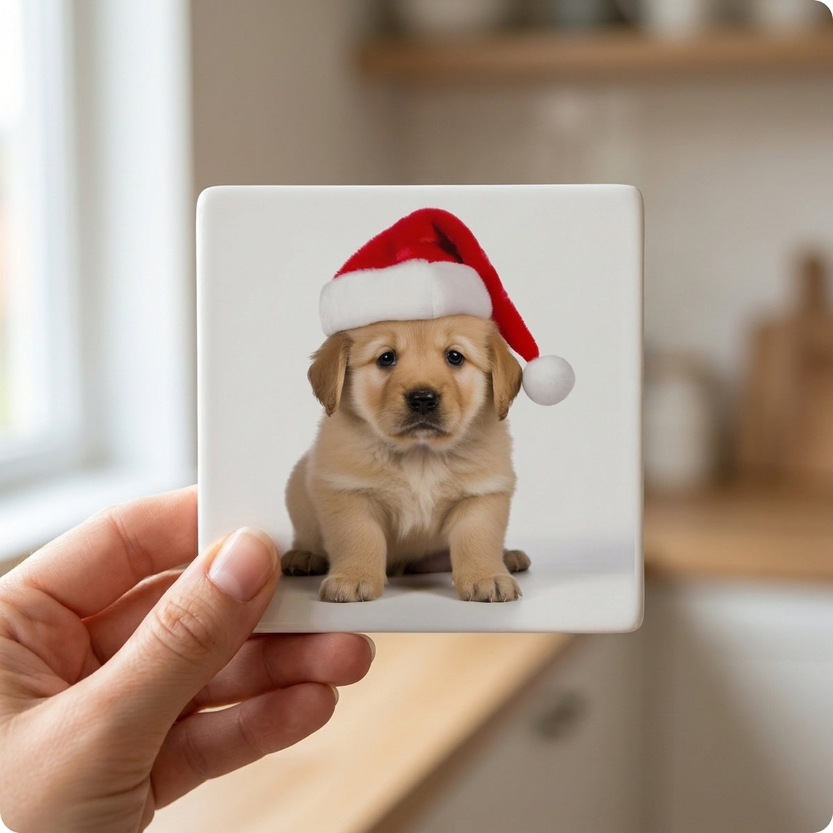 Chinook Puppy ceramic coasters set of 4, in hand
