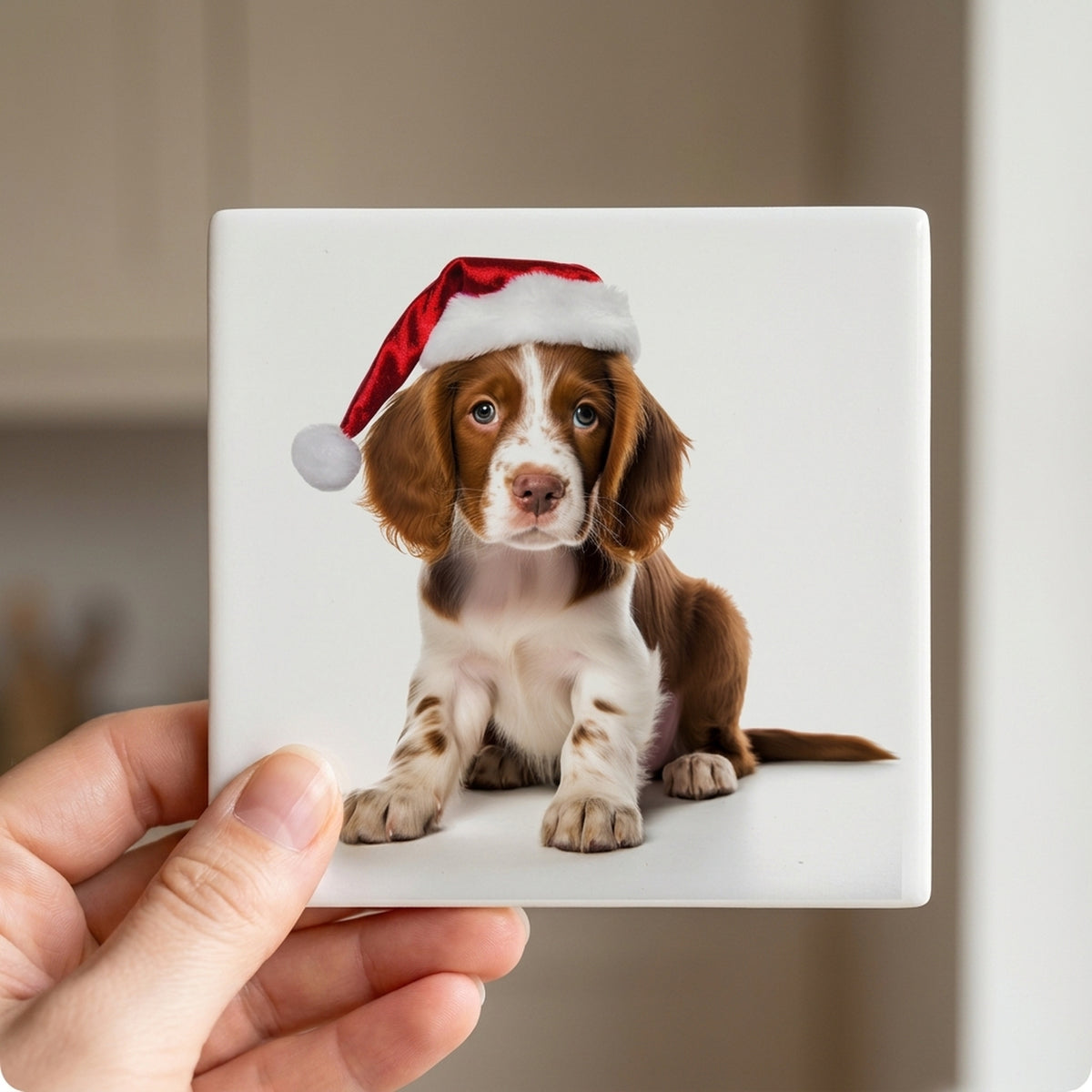 Irish Red and White Setter Puppy ceramic coasters set of 4, in hand