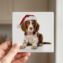 Irish Red and White Setter Puppy ceramic coasters set of 4, in hand