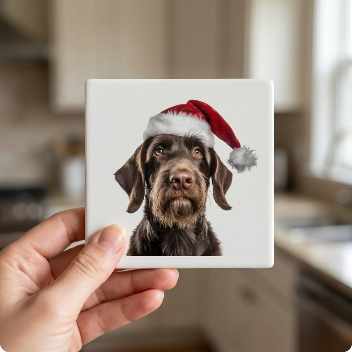 German Wirehaired Pointer ceramic coasters set of 4, in hand