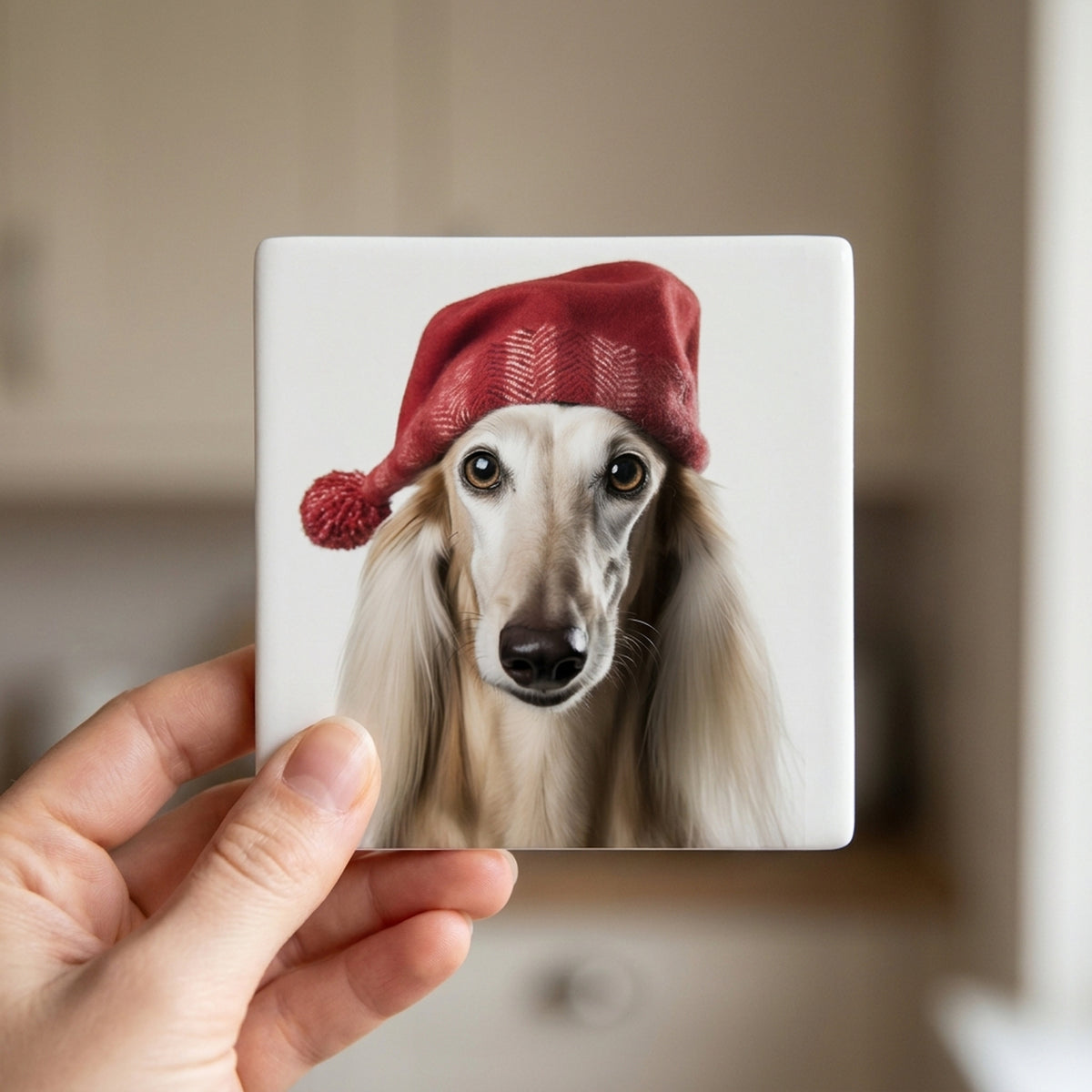 Saluki ceramic coasters set of 4, in hand