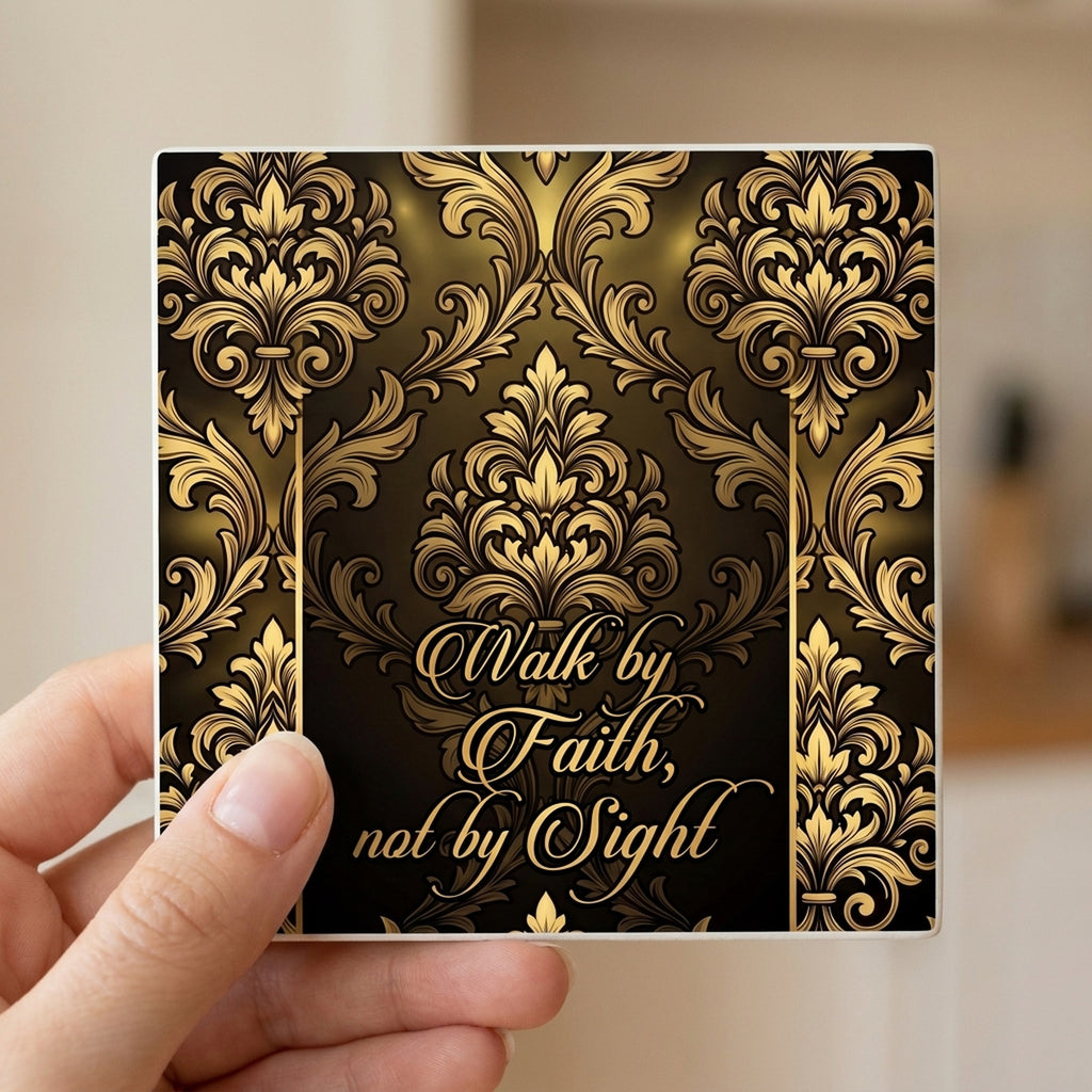 Walk By Faith ceramic coasters set of 4, in hand