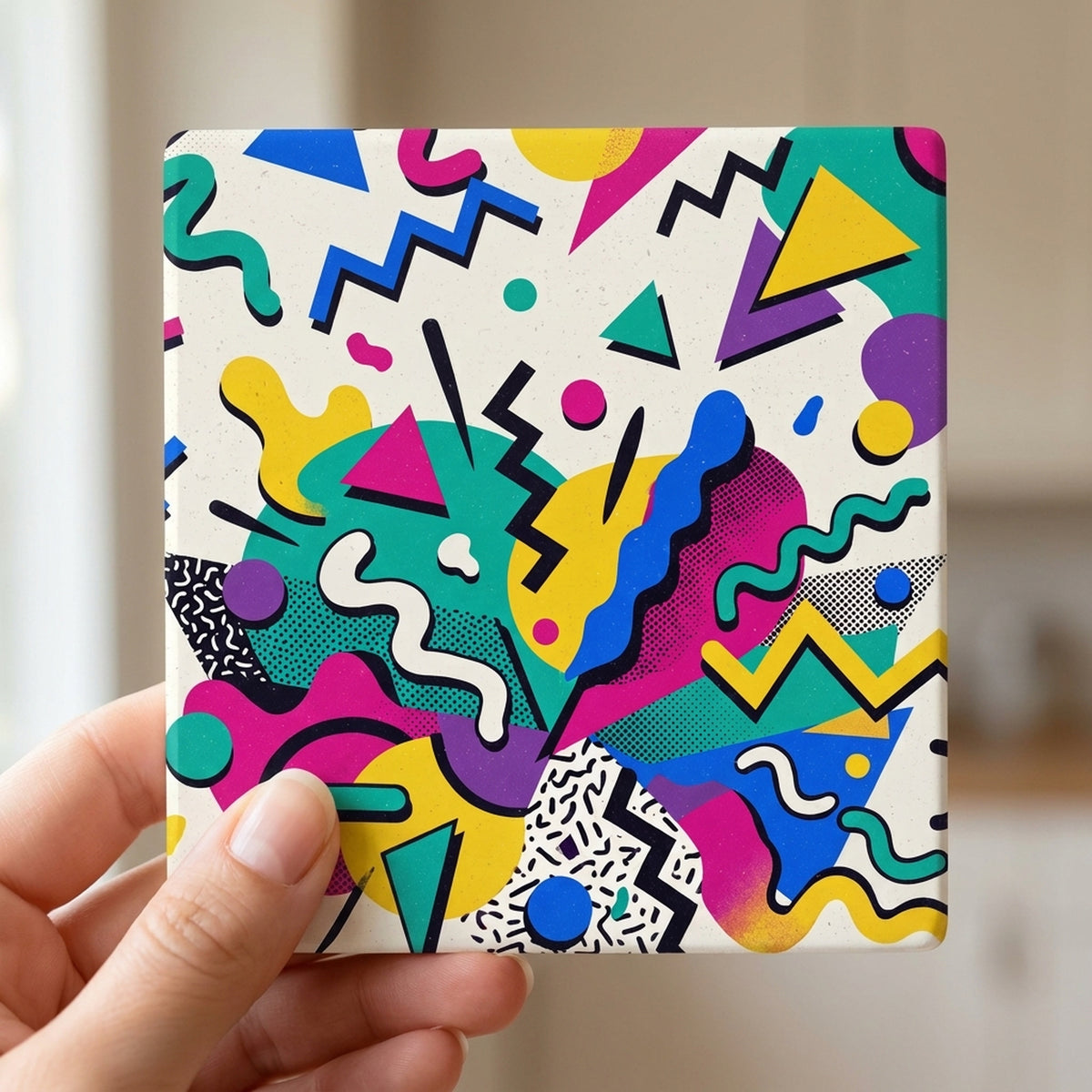 90s Memphis Shapes ceramic coasters set of 4, in hand