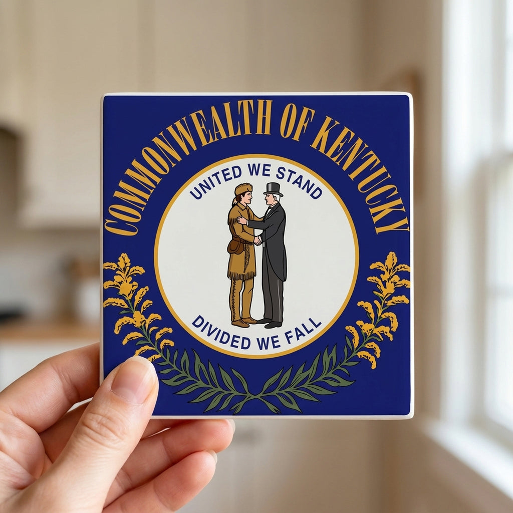 Kentucky State Flag ceramic coasters set of 4, in hand
