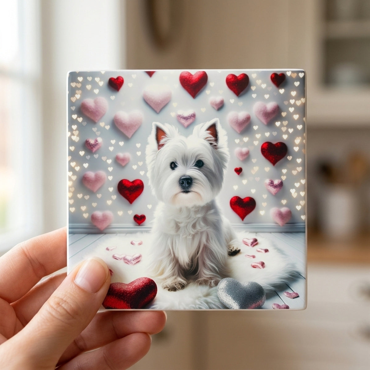 West Highland White Terrier ceramic coasters set of 4, in hand