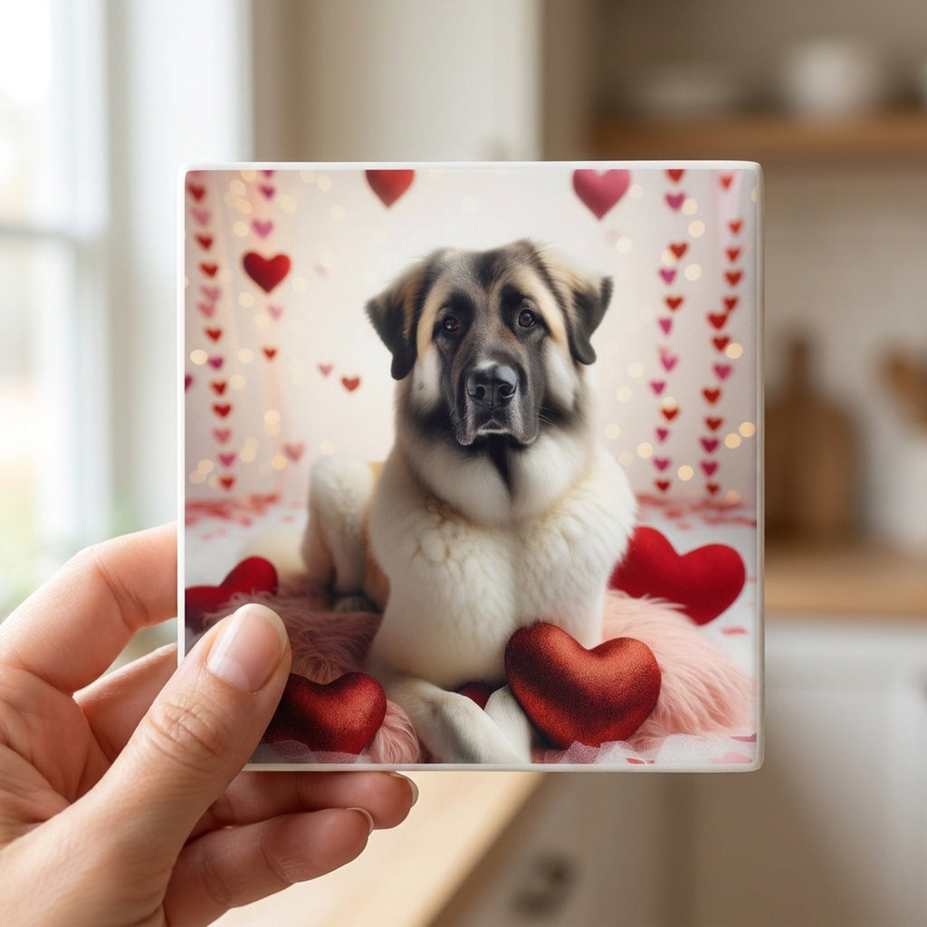 Anatolian Shepherd Dog ceramic coasters set of 4, in hand