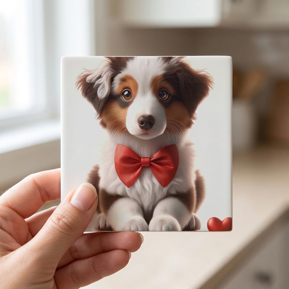 Australian Shepherd ceramic coasters set of 4, in hand