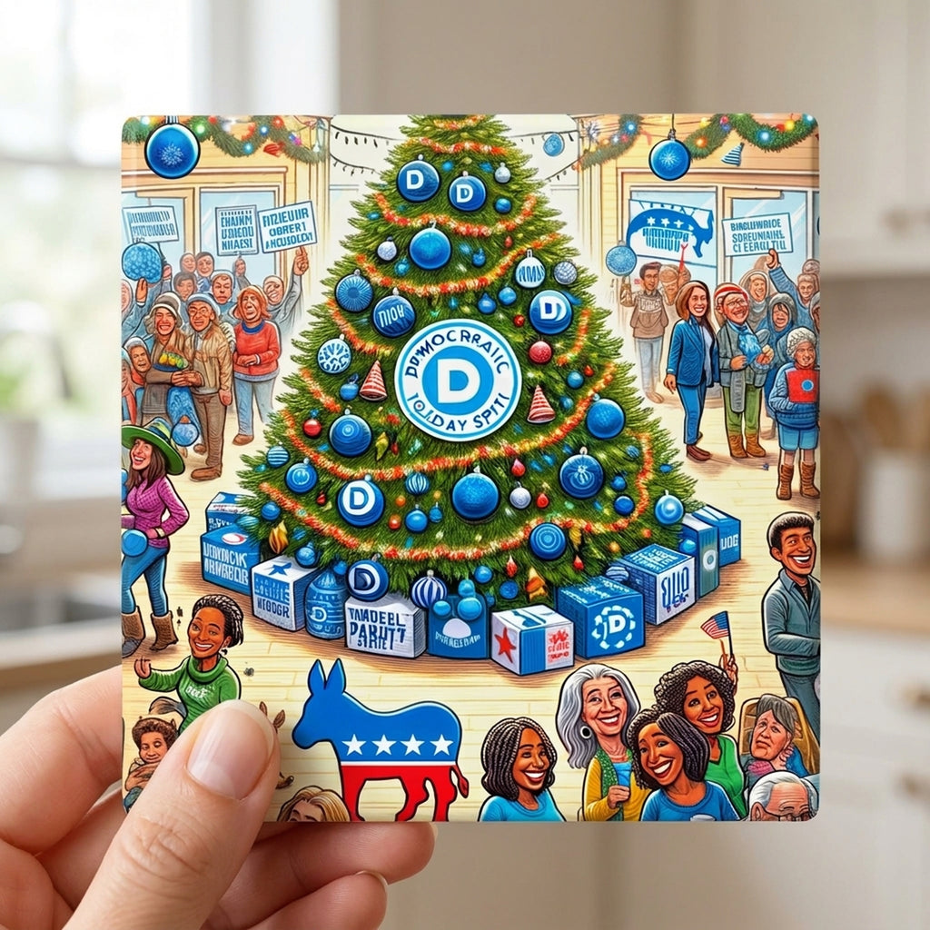 Blue Democratic Christmas ceramic coasters set of 4, in hand