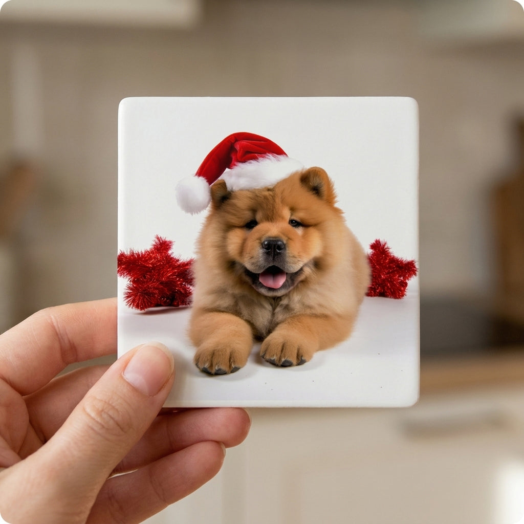 Chow Chow Puppy ceramic coasters set of 4, in hand