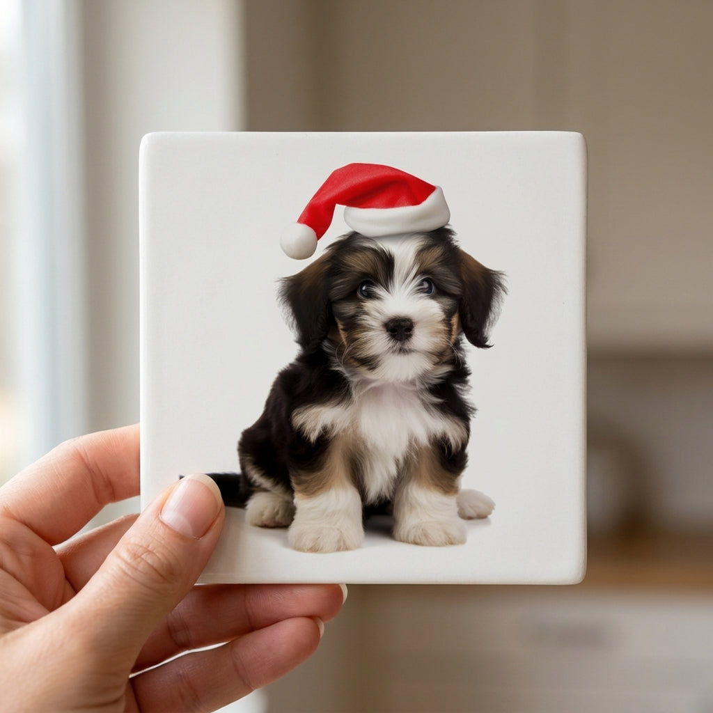 Löwchen Puppy ceramic coasters set of 4, in hand