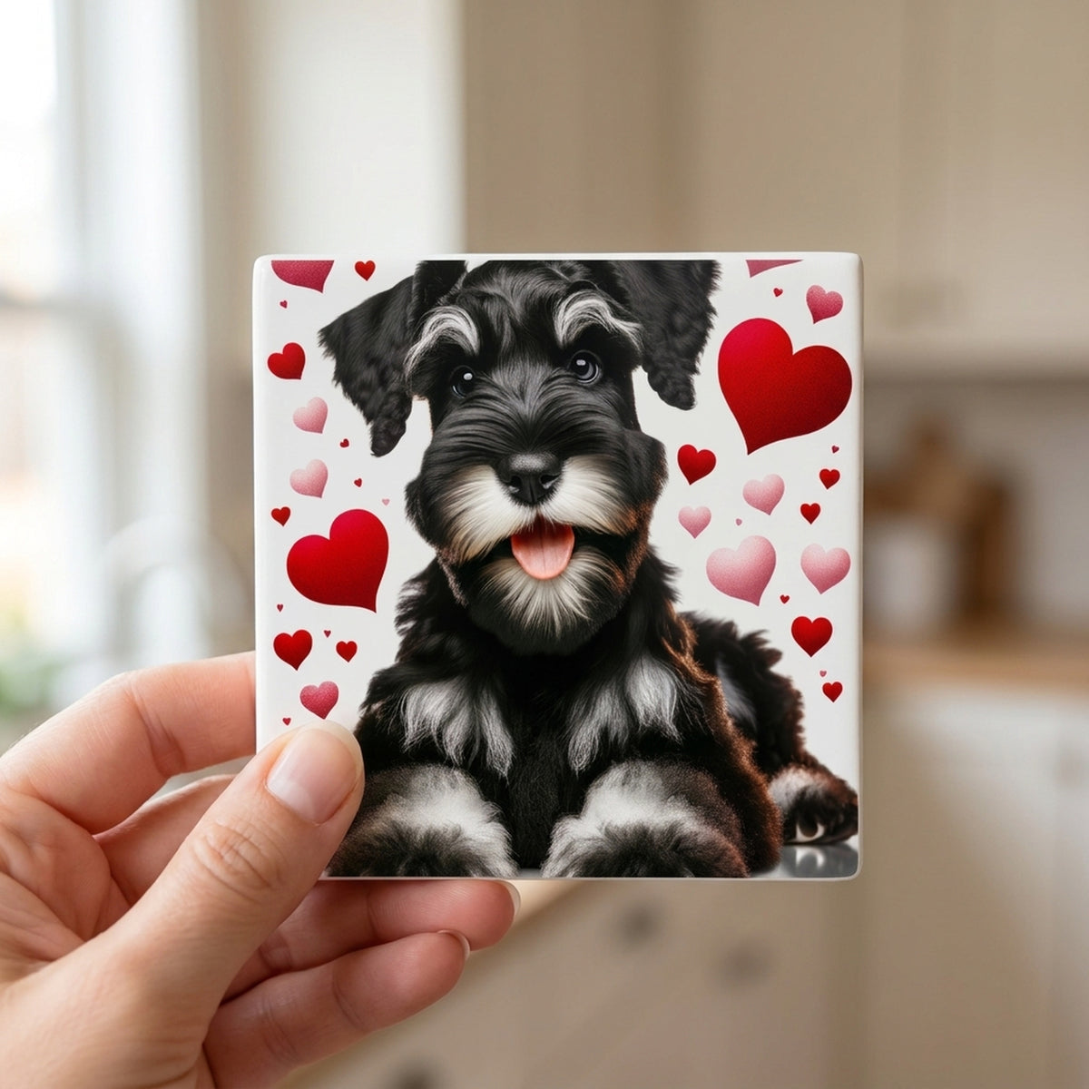 Miniature Schnauzer ceramic coasters set of 4, in hand