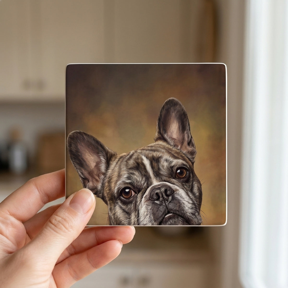 French Bulldog Portrait ceramic coasters set of 4, in hand