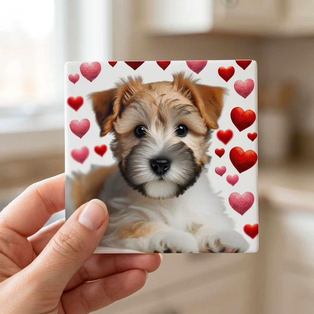 Russell Terrier ceramic coasters set of 4, in hand