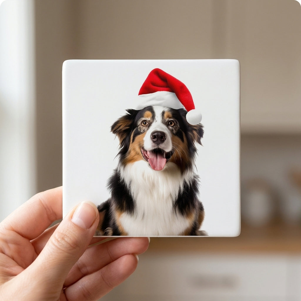 Australian Shepherd ceramic coasters set of 4, in hand