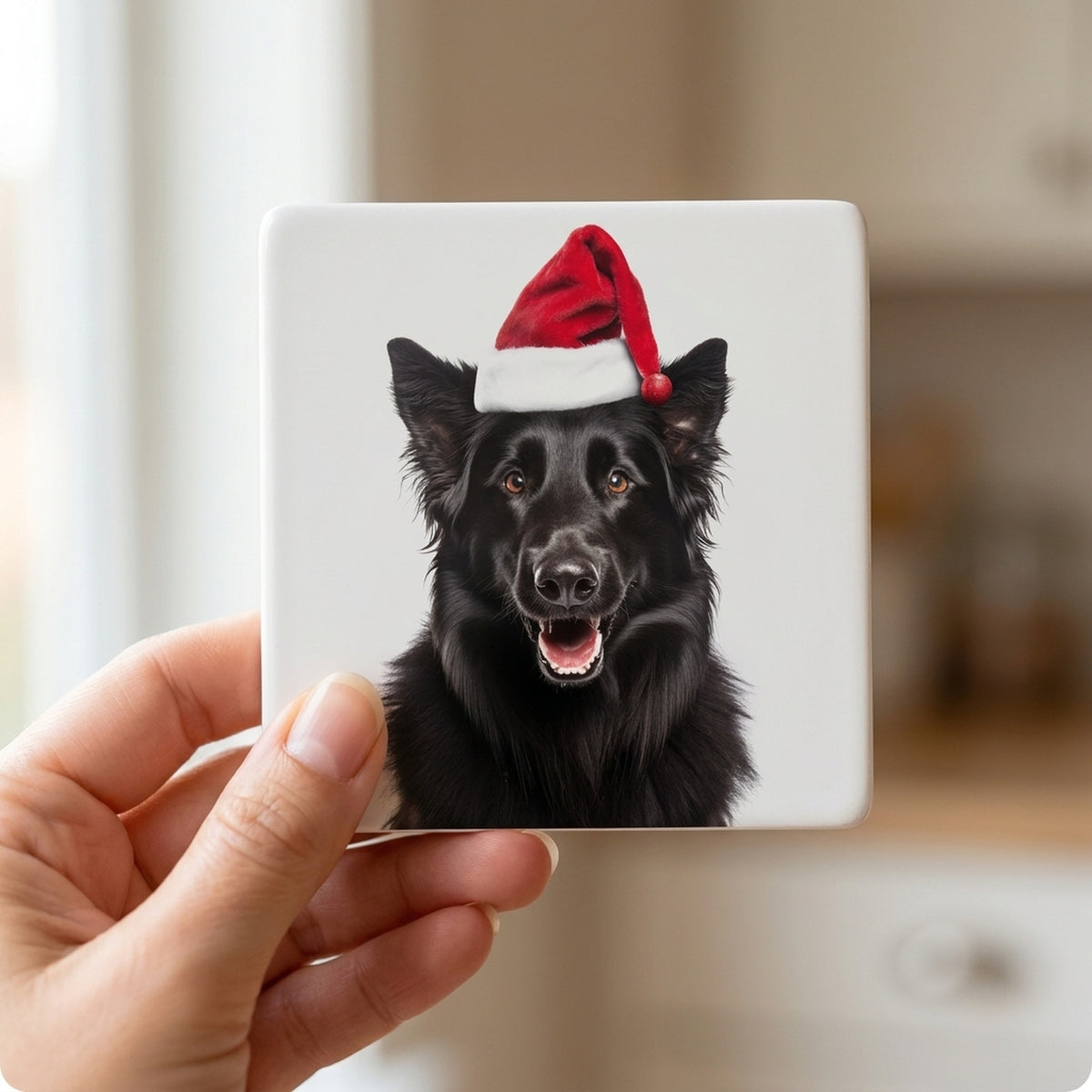 Belgian Sheepdog ceramic coasters set of 4, in hand