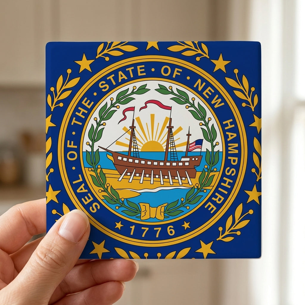 New Hampshire State Flag ceramic coasters set of 4, in hand