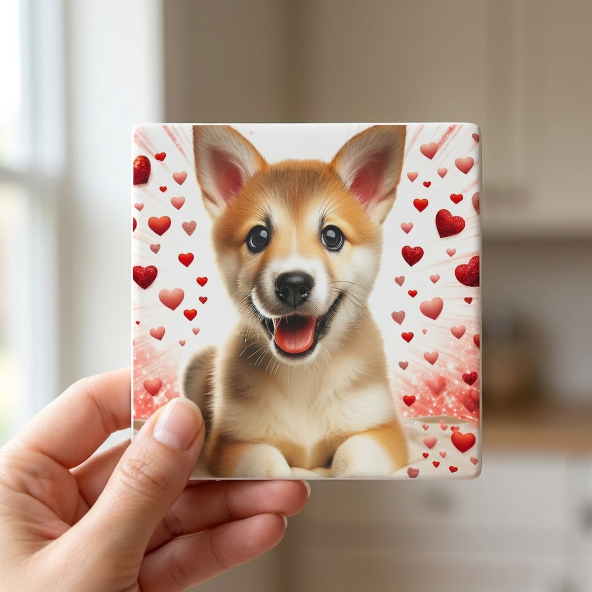 Shiba Inu ceramic coasters set of 4, in hand