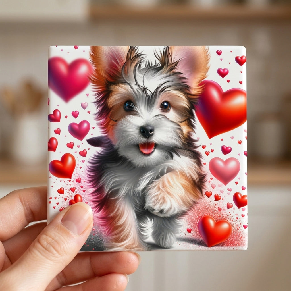 Yorkshire Terrier ceramic coasters set of 4, in hand
