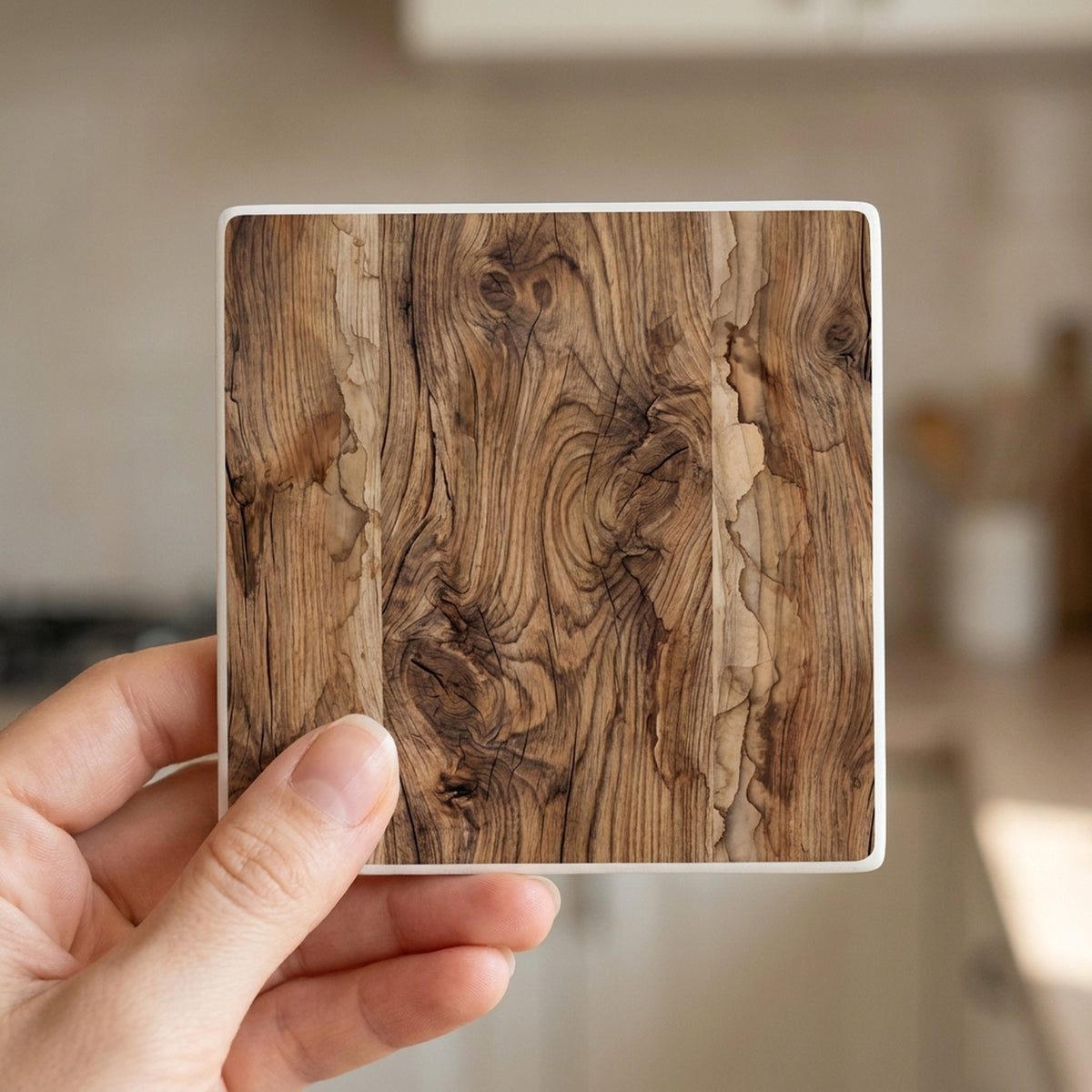 Rustic Wood Grain ceramic coasters set of 4, in hand