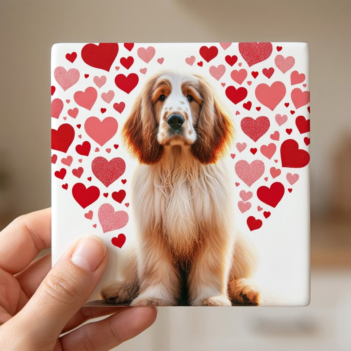 English Cocker Spaniel ceramic coasters set of 4, in hand