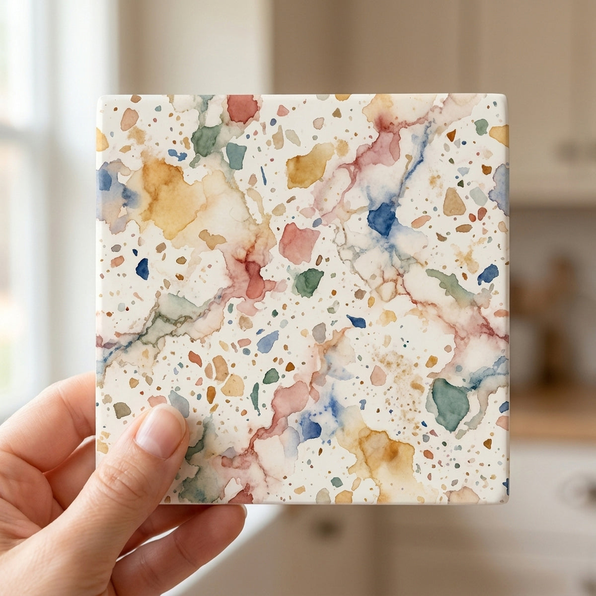 Terrazzo ceramic coasters set of 4, in hand